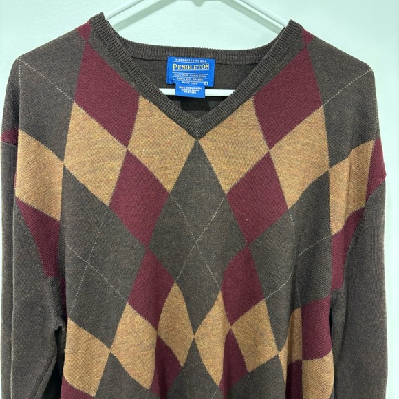 Pendleton Merino Wool Mens Sweater V-neck Plaid Argyle Brown Yellow Maroon - Picture 6 of 11